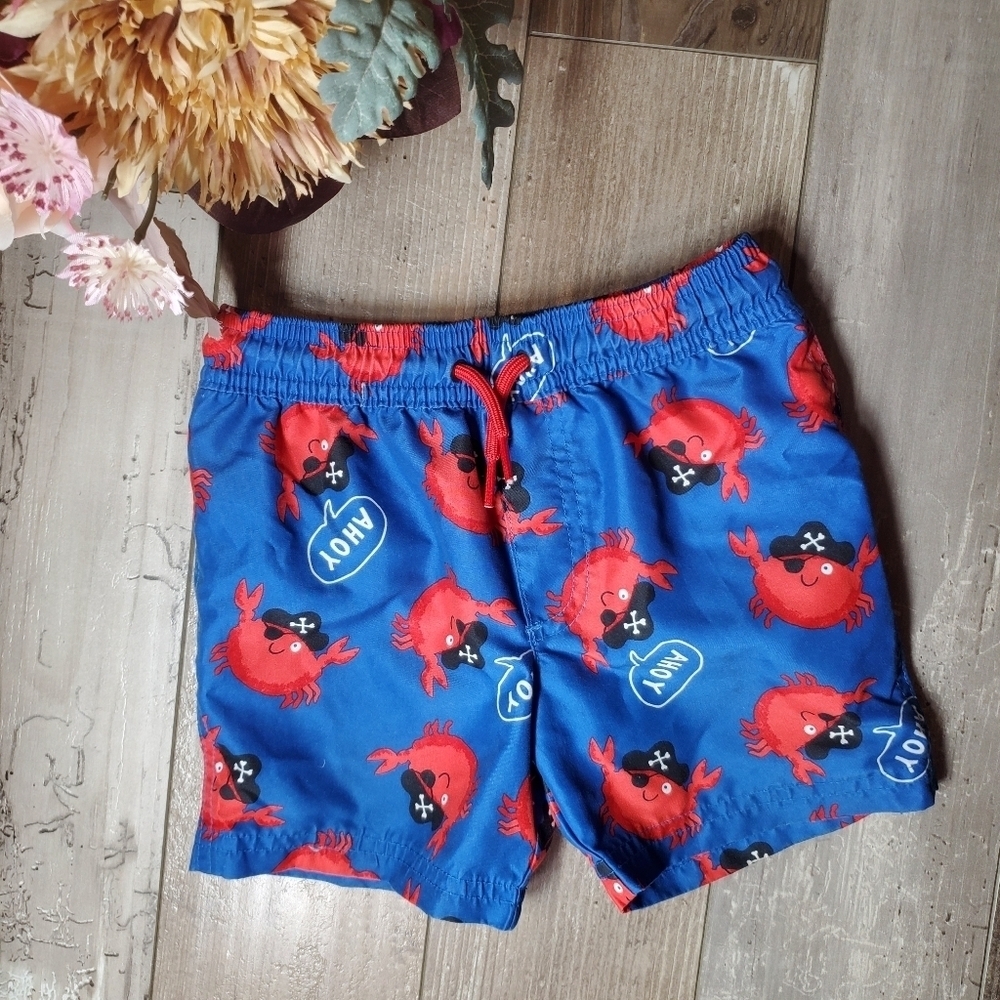 Carter's Toddler Boy Size 2T Blue Red AHOY MATEY Pirate Crab Swim Trunks NWOT
